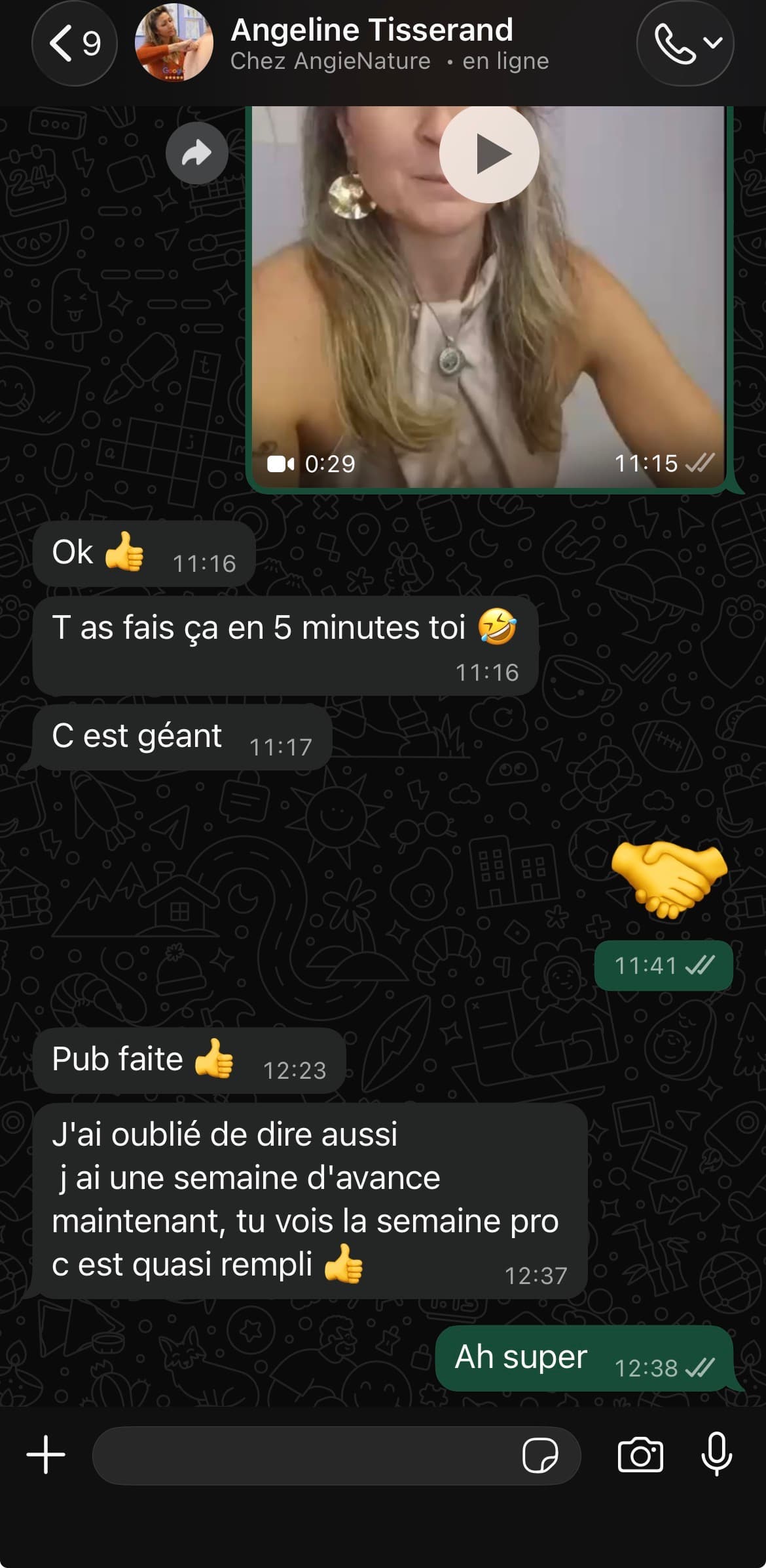 Retour WhatsApp d'Angeline après la mise en place de sa publicité