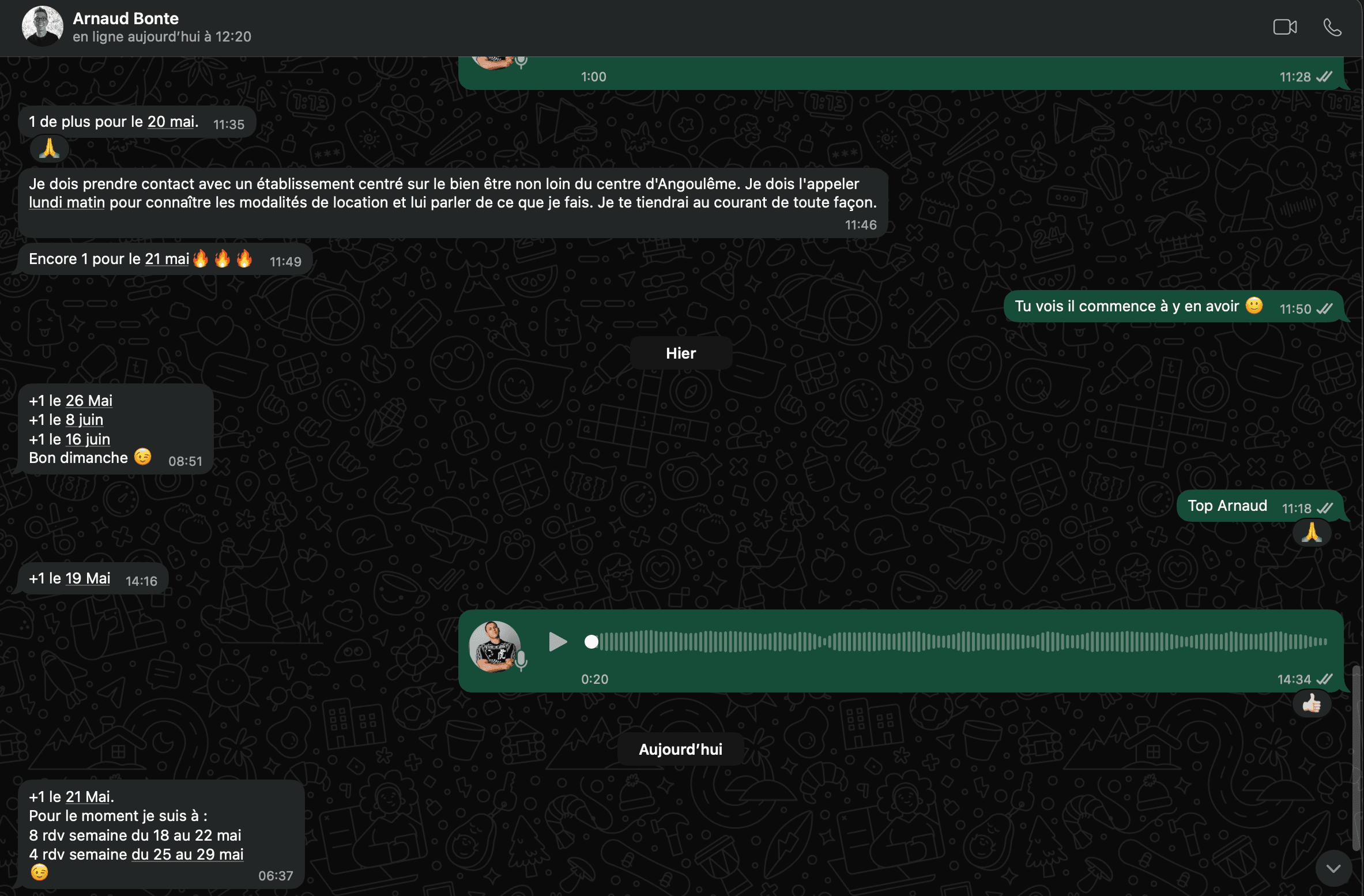 Échanges WhatsApp avec Arnaud sur ses nouvelles prises de rendez-vous