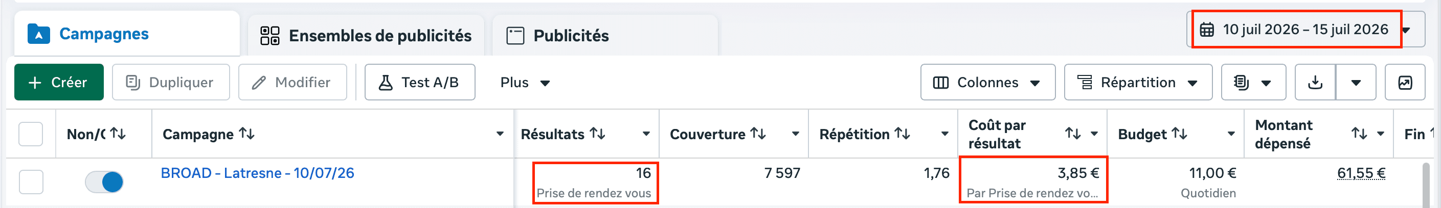 Capture de campagne montrant 16 prises de rendez-vous en 5 jours à 3,85 euros par rendez-vous