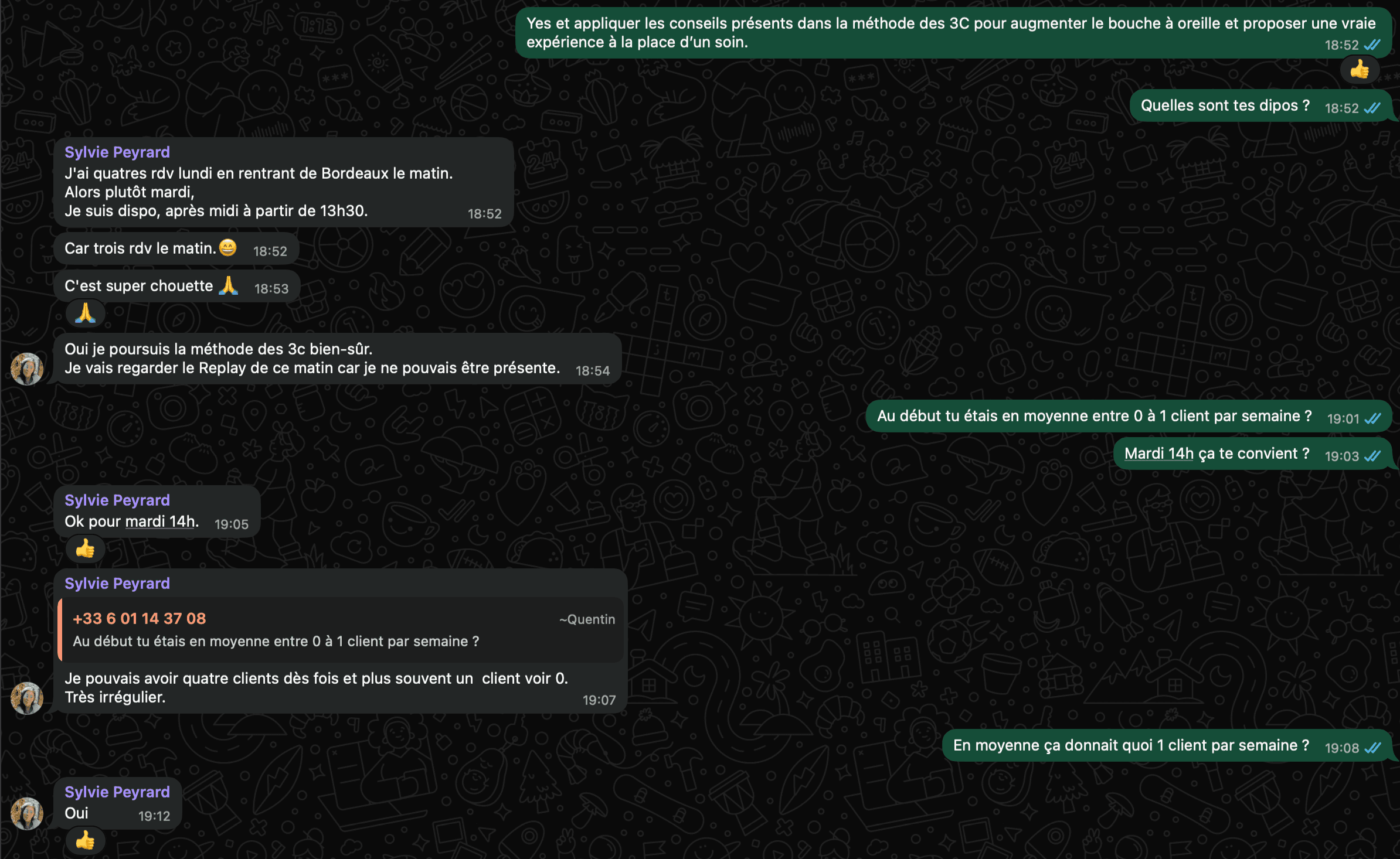 Message de Sylvie expliquant que son agenda est complet et qu'elle doit refuser des demandes
