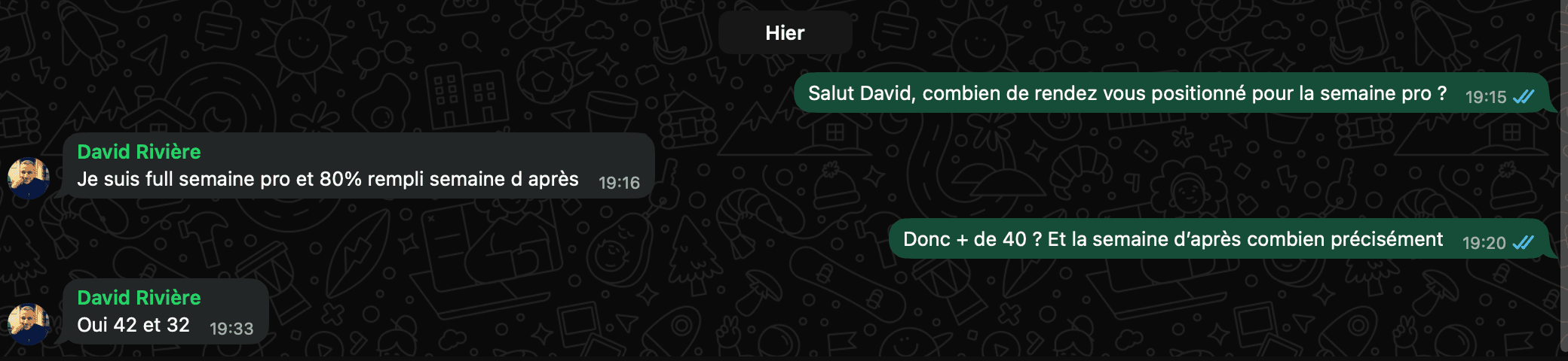 Échange montrant 42 prises de rendez-vous obtenues pour David