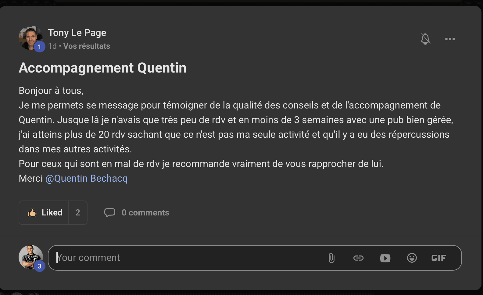 Avis de Tony sur les résultats de son accompagnement
