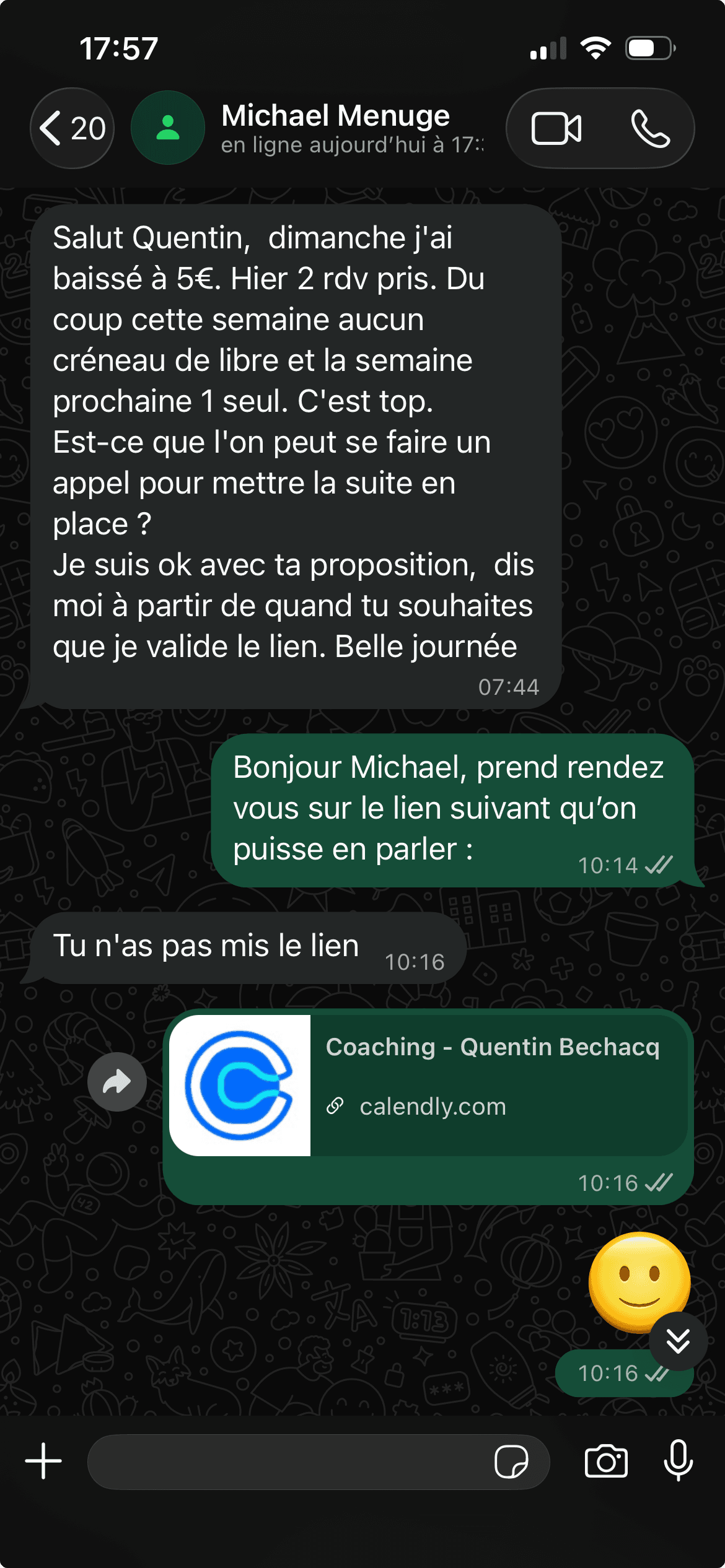 Capture d'échange montrant un agenda complet sur deux semaines