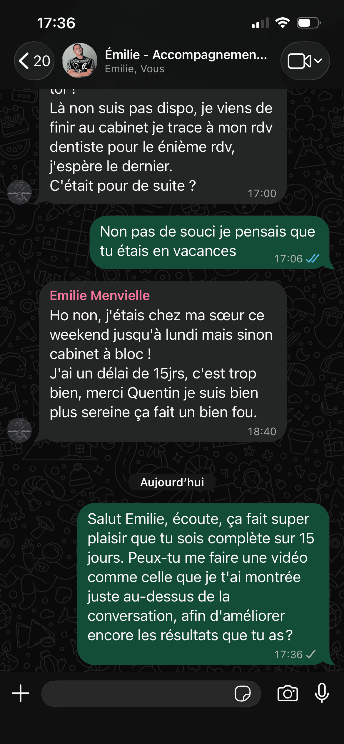 Message montrant qu'Emilie a 15 jours d'avance dans son cabinet