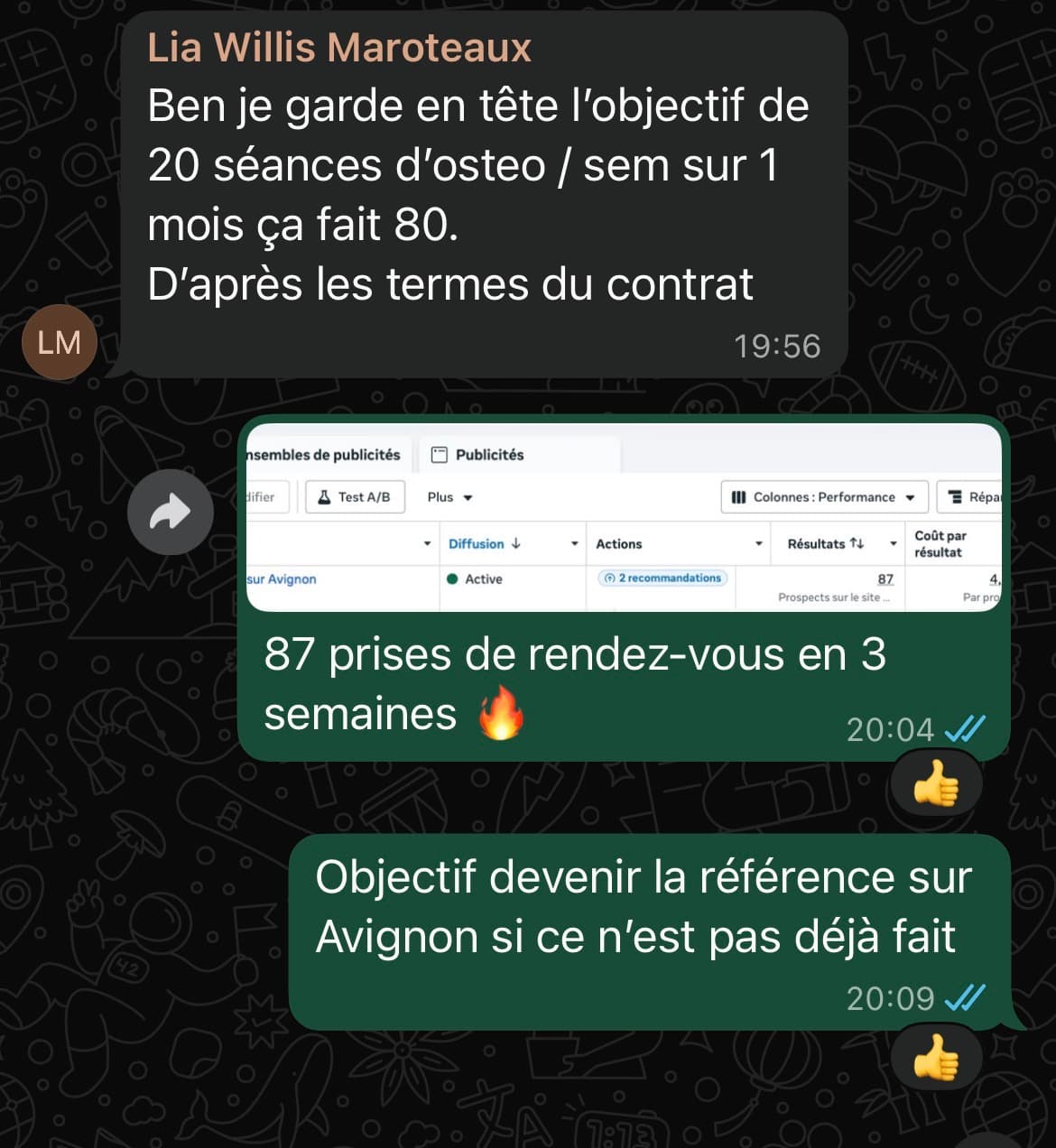 Capture montrant 87 prises de rendez-vous obtenues par Lia en 3 semaines