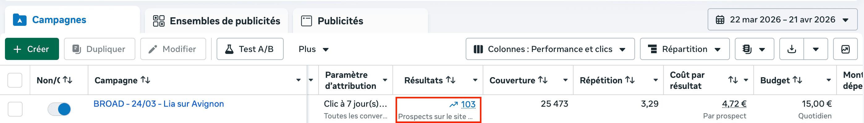 Capture de résultats de Lia sur une période d'un mois