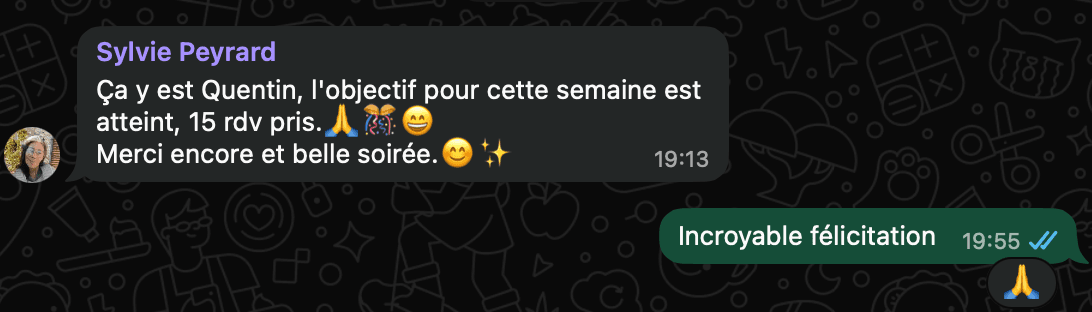Message montrant 15 rendez-vous obtenus pour Sylvie